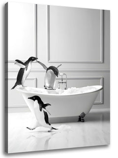 Funny Bathroom Wall Art Decor Modern Wrapped Canvas Prints Black and White Canvas Wall Art Pictures Cute Penguin Bathing Wall Decor Humor Farmhouse Animals Prints Framed Ready to Hang 8"x10"
