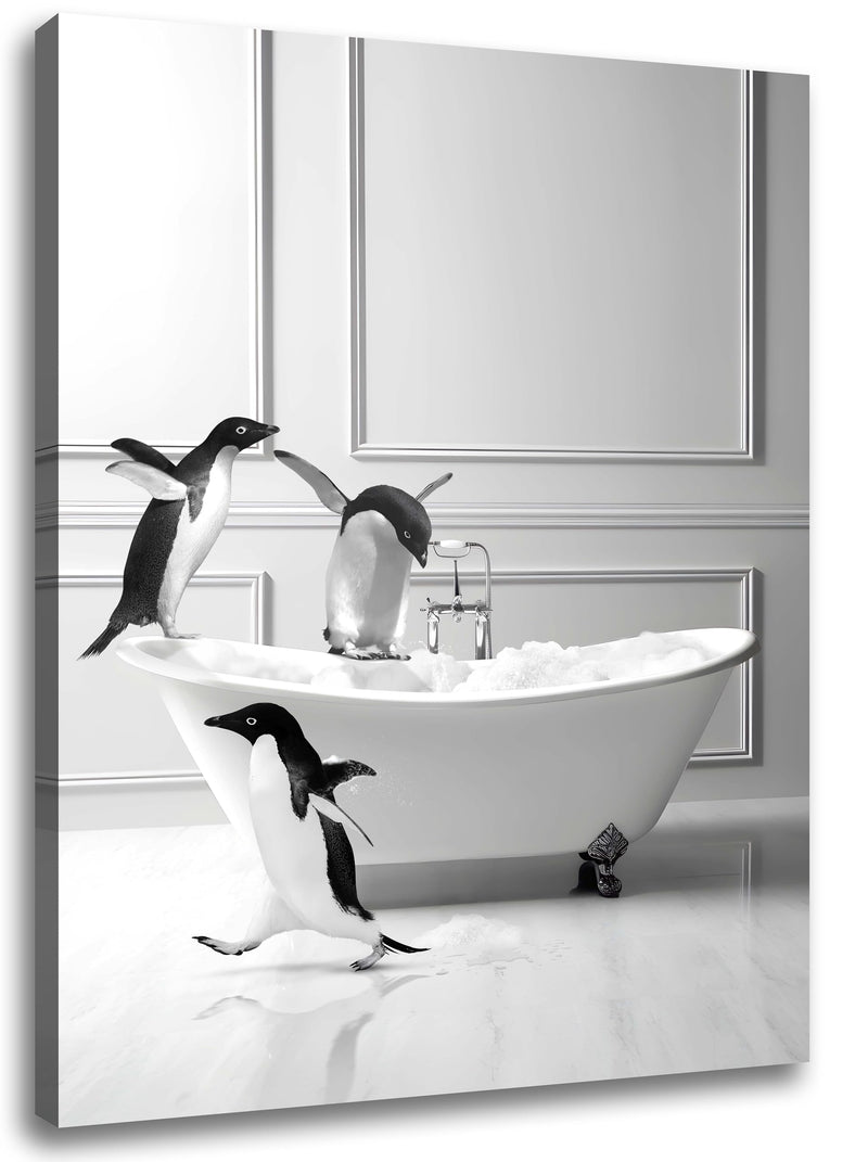 Funny Bathroom Wall Art Decor Modern Wrapped Canvas Prints Black and White Canvas Wall Art Pictures Cute Penguin Bathing Wall Decor Humor Farmhouse Animals Prints Framed Ready to Hang 8