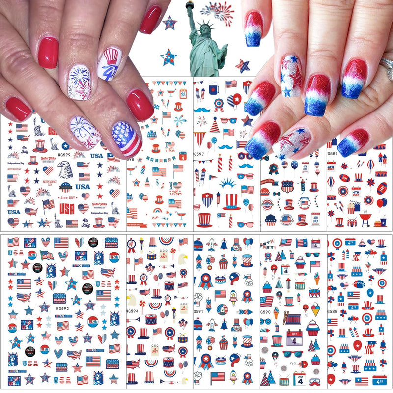 10Pcs Independence Day Nail Stickers Patriotic Nail Decals 4th of July Nail Art Stickers American Flag Eagle Fireworks Heart Stars Nail Design Stickers Self-Adhesive Nail Supplies for Women DIY Nail