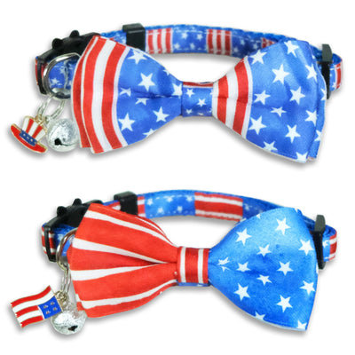 4th of July Cat Collar with Bow Tie Independence Day American Flag Pattern Collar for Boys and Girls Cats Suitable for Kitties and Kittens