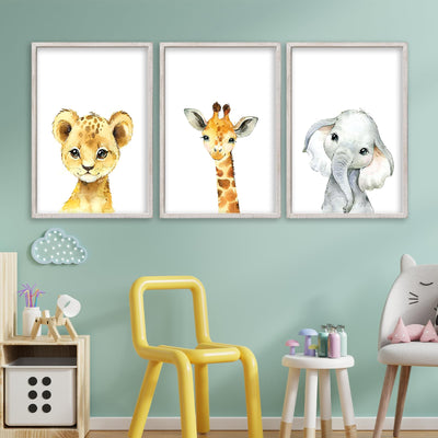 Baby Safari Nursery Wall Art Decor 11x16 Inch Set of 3 Wood Framed Cute Animal Giraffe Elephant Lion Prints Sign Kids Boys Girls Room Bedroom Jungle Animal Pictures Wall Hanging (White)