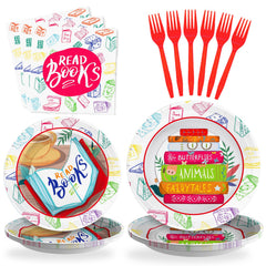 SCIONE 96 Pcs Books Themed Party Plates and Napkins Party Supplies Tableware Set for kids Back to School Supplies Book Club Reading Party Decorations for 24 Guests