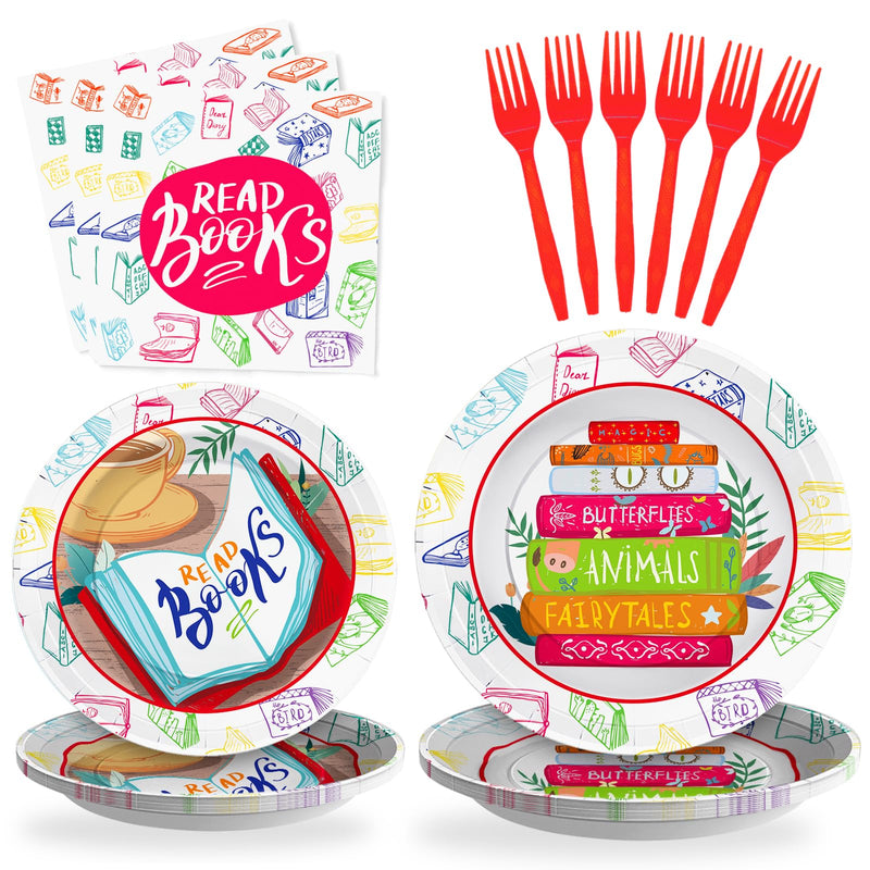 SCIONE 96 Pcs Books Themed Party Plates and Napkins Party Supplies Tableware Set for kids Back to School Supplies Book Club Reading Party Decorations for 24 Guests