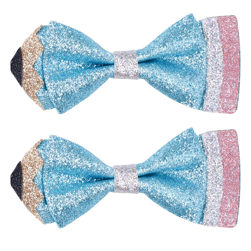 Back To School Pencil Hair Bow Clips Sparkly First Day of School Hair Clip Leather Pencil Hair Bow Graduation and School Season Hair Accessories for Girls Blue