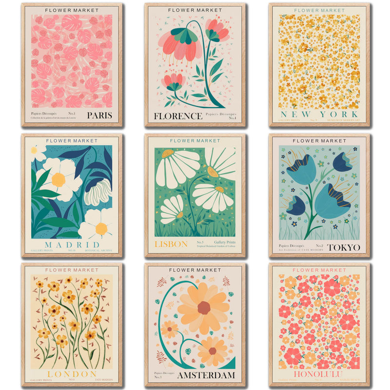 LANCHI95 9 PCS 8X10 Flower Market Poster Vintage Colorful Floral Wall Art Decor Abstract Flower Market Wall Art Prints Living Room Bathroom Dorm Wall Decor (UNFRAMED)