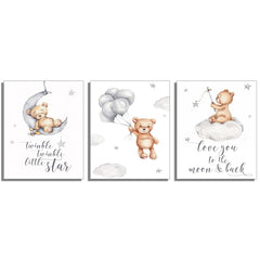 Nursery Wall Art Cute Little Bear Moon Love Sentence Cartoon Canvas Art Prints - Set of 3 (11 inches x 14 inches) Wall Art Decor Photos Bedroom Playroom (No framed)