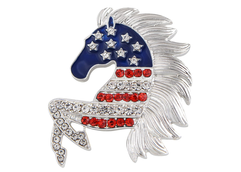 Alilang Silver Tone Crystal Rhinestone 4th of July American USA Flag Patriotic Pin Brooch Horse Mane