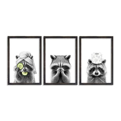 Adorable Raccoon Bathroom Wall Art Decor Set of 3 16x11 Inch Modern Funny Bathroom Sign Wood Framed Rustic Farmhouse Interestring Washroom Animal Prints Wall Hanging (Black)