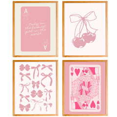 BearCake Pink Coquette Wall Decor Preppy Pink Coquette Bow Poker Posters Wall Art Prints for Girls Bedroom Dorm Decor Coquette Room Decor Preppy Room Decor Aesthetic 8x10 Inches Set of 4 Unframed