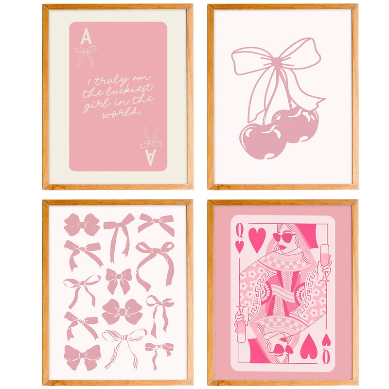 BearCake Pink Coquette Wall Decor Preppy Pink Coquette Bow Poker Posters Wall Art Prints for Girls Bedroom Dorm Decor Coquette Room Decor Preppy Room Decor Aesthetic 8x10 Inches Set of 4 Unframed