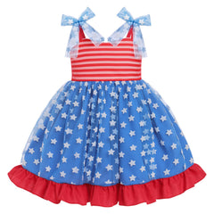 Fourth of July Baby Girl Outfit: Spaghetti Strap Dresses Patriotic 4th of July American Flag Independence Day Dresses for Toddler Kids Fancy Tutu Tulle Ruffle Swing Gown Red & White Blue 2-3T