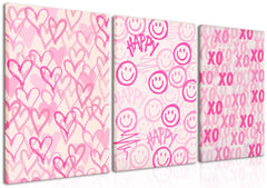 Simplicity Pink Wall Art Set of 3 | Heart Shaped Doodle Smiley XO | Modern Canvas Prints for Girls Bedroom | Pink Wall Decor for Gallery Dorm or Home - Framed 16x24 Inch