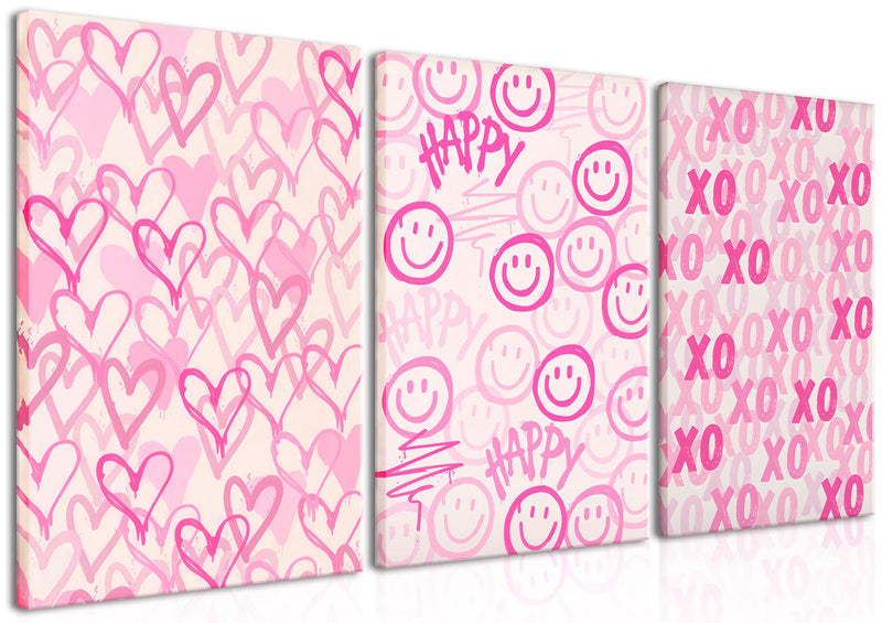 Simplicity Pink Wall Art Set of 3 | Heart Shaped Doodle Smiley XO | Modern Canvas Prints for Girls Bedroom | Pink Wall Decor for Gallery Dorm or Home - Framed 16x24 Inch