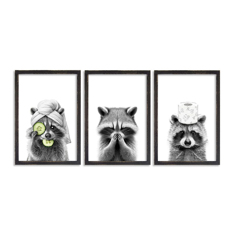 Adorable Raccoon Bathroom Wall Art Decor Set of 3 16x11 Inch Modern Funny Bathroom Sign Wood Framed Rustic Farmhouse Interestring Washroom Animal Prints Wall Hanging (Black)