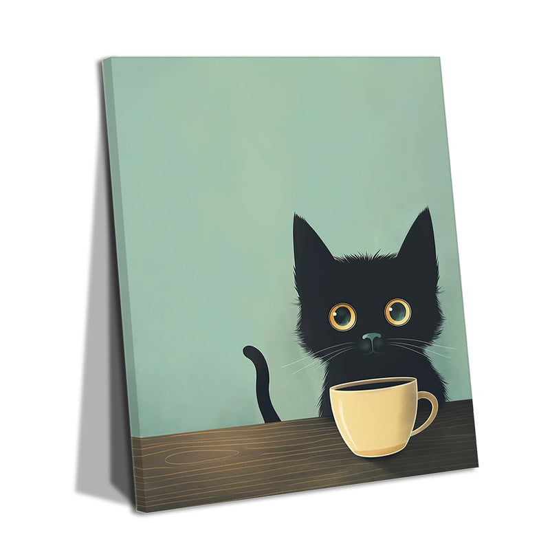 Framed Fun Black Canvas Cat Wall Art Cute Black Cat Drinking Coffee Picture Wall Decor Paintings Vintage Abstract Black Cat Posters Prints for Living Room Restaurant Bedroom Cafe Bar 16x24in