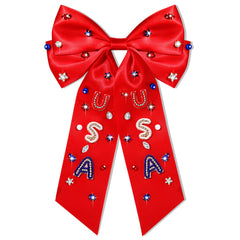 4th of July Hair Bows for Women Fourth Of July Hair Accessories Outfits Silky Satin Red White and Blue Hair Bows American Flag Star Patriotic Hair Ribbon Bow Clips Gifts Party Favors (Red 5)