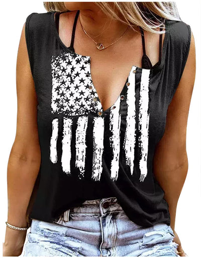 American Flag Star Striped Shirts Ring Hole Sleeveless V Neck Tank Tops Women 4th of July Patriotic Graphic Summer Tanks (Black Small)